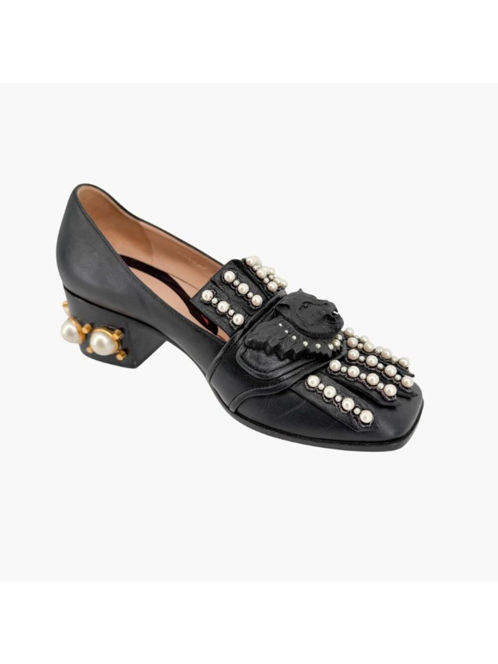 Gucci Lion Head Pearl Fringe Block Heel Loafer Pumps Black Leather Size 37 US 7 - Picture 12 of 15